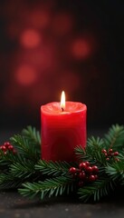 Red candle and evergreen branches create a festive atmosphere, atmosphere, festive