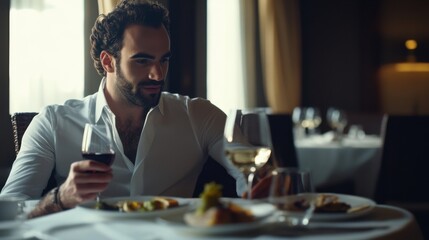 Lottery jackpot winner savoring a five-star dinner at a Michelin-starred restaurant. Featuring culinary luxury and indulgence