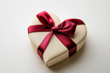 a heart shaped box with a red ribbon on it and a bow on the top of it, on a white surface