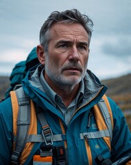 Obraz premium A middle aged male journalist in outdoor gear at a live reporting scene on a plain background