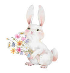 Easter bunny with bouquet spring wildflowers hand drawn watercolor illustration for holiday design