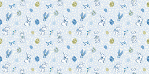 Estampa, padrão, páscoa, fundo, plano de fundo, coelho, ovo de páscoa, happort, chocolate, azul, verde, laço, listras, arte, elemento, ornamento, embalagem, tons pastéis, ilustração, papel de parede