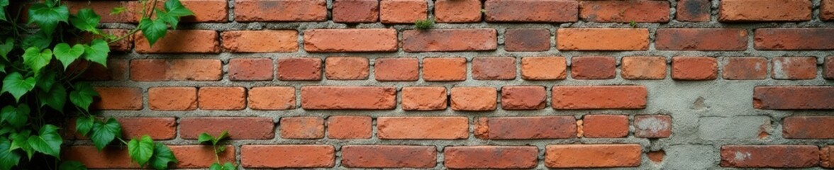 Obraz premium Rough stone brick wall with weathered mortar and vines, background, texture, rustic