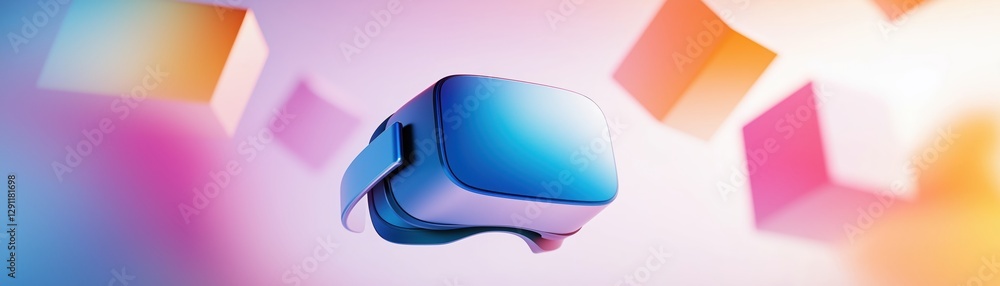 Poster futuristic minimalist abstract background with floating geometric shapes and vr headset