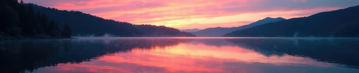 Fototapeta premium Serene lake at dusk with rippling reflections, nature, peaceful