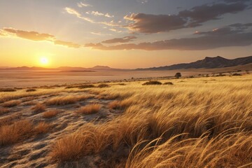 Dry grass swaying under a desert sunset, peaceful scene, rocky outcrops, golden light, dry grass