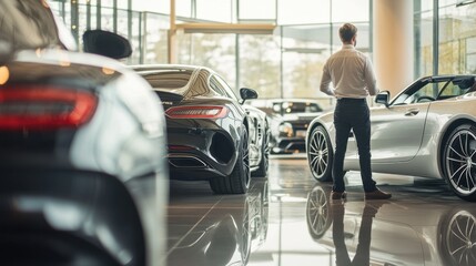 Lottery jackpot winner shopping for a custom luxury car at a high-end dealership. Featuring elegance and status