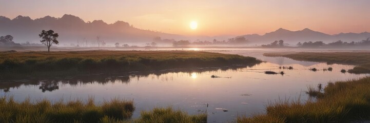 Obraz premium Early morning mist rising over saltmarsh landscape along Tolomato River, marshy terrain, natural landscape