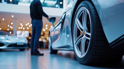Lottery jackpot winner shopping for a luxury car in an exclusive showroom. Featuring wealth and indulgence