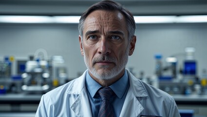 Obraz premium A middle aged male scientist in formal attire at a research center on a plain background