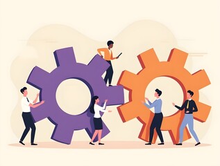 BusinessTeamwork concept. Contemporary flat style abstract vector illustration of a company of diverse people establishing a work process in the form of gears. Isolated on background. Generative ai