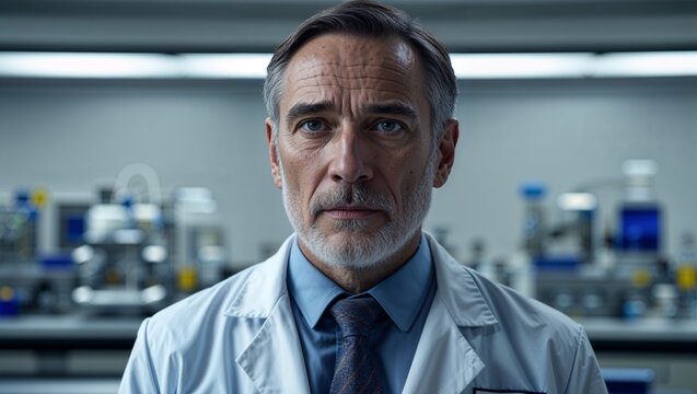 A middle aged male scientist in formal attire at a research center on a plain background