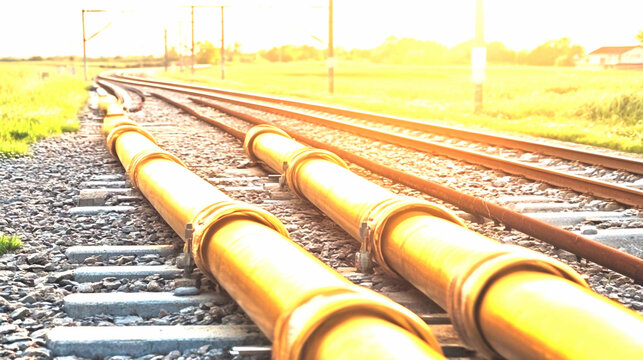 Yellow Pipelines Running Parallel to Railroad Tracks in a Sunny Field