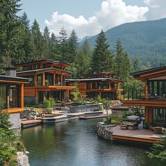 Naklejka premium Luxury modern residences featuring water features in a scenic setting