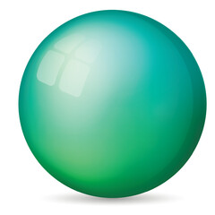 Glass green ball or precious pearl. Glossy realistic ball, 3D abstract vector illustration highlighted on a white background. Big metal bubble with shadow.