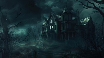 Eerie Haunted House Horror Scene Background with Spooky Atmosphere, Creepy Victorian Mansion, Ghostly Shadows, and Halloween Decoration for Dark Fantasy Design