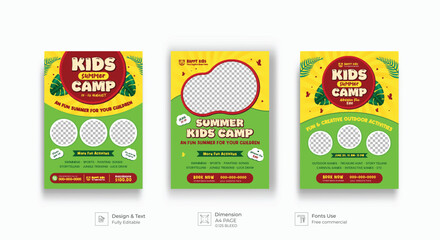 Naklejka premium Summer camp poster. Child journey, camping flyer. School kids vacation flyer design, fun, enjoy adventures poster template