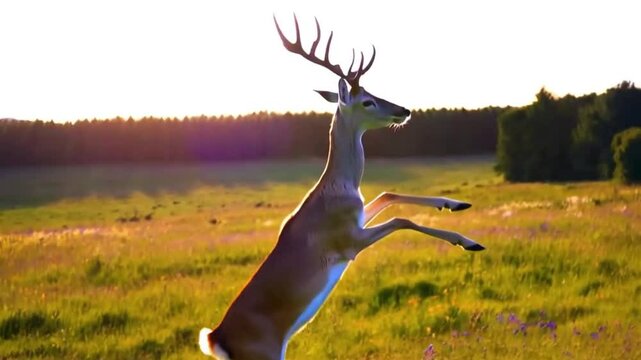 The deer eats grass in the forest.slow motion. Young true deer grazing in the wild. Whitetail sika deer walking in forest
