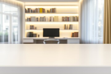 Sleek white rectangular wooden table with soft lighting and blurred modern home office background featuring desk, computer, and books
