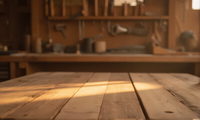 sunlit wooden table in cozy workshop with tools in background. warm lighting creates serene and inviting atmosphere, highlighting natural texture of wood