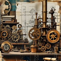 Fototapeta premium Intricate Steampunk Machine with Gears and Blueprints