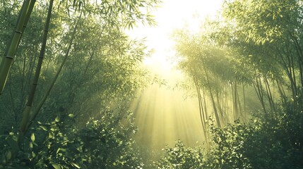 Obraz premium Sunbeams Illuminating a Serene Bamboo Forest