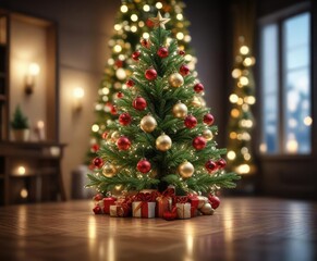 Festive Christmas tree with shiny baubles and glittering lights in blurred background, Christmas decor, merry season