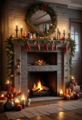 festive holiday decorations surround the fireplace, festive decor, mistletoe, twinkling lights