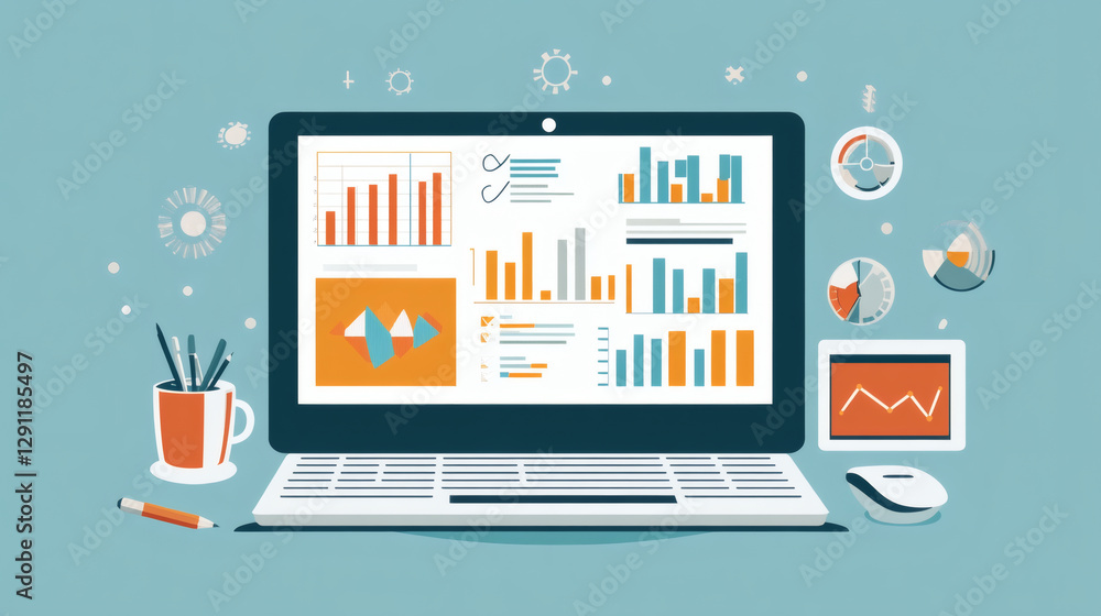 Poster A colorful illustration of a laptop displaying various data graphs and charts, surrounded by office supplies and visual analytics elements