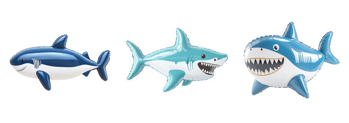 Fototapeta premium set of 3 PNG shark inflatable, designed as a fun summer accessory. Bright colors and a smooth, glossy texture make it perfect for pool parties, beach outings, and aquatic-themed visuals.