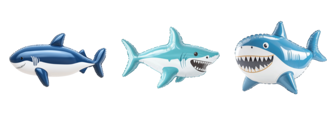 set of 3 PNG shark inflatable, designed as a fun summer accessory. Bright colors and a smooth, glossy texture make it perfect for pool parties, beach outings, and aquatic-themed visuals.