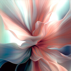 Abstract digital illustration of a blooming flower with smooth, undulating petals. Gradients of soft pink and peach create an effect of lightness and fluidity. The composition is airy