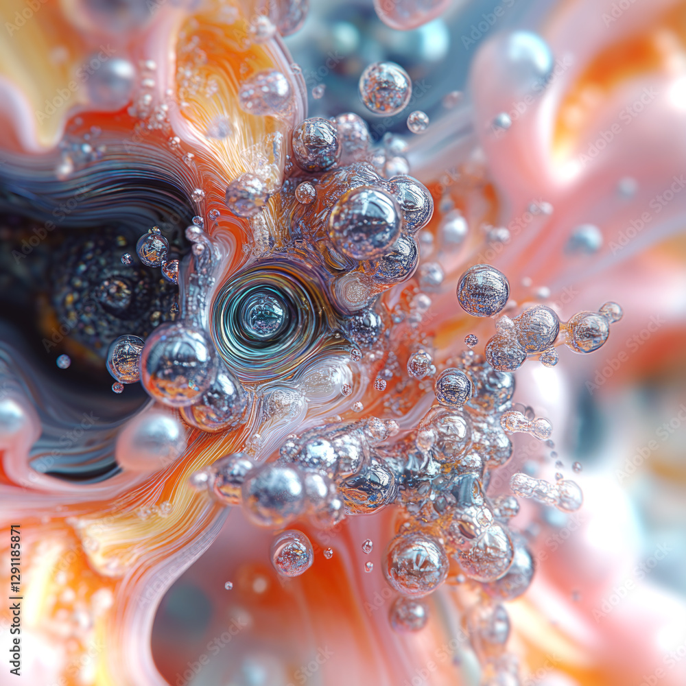 Poster Abstract digital illustration of mixing streams of colorful liquids filled with many shimmering bubbles. The color palette includes light pinks, oranges and silvers, creating a futuristic aesthetic
