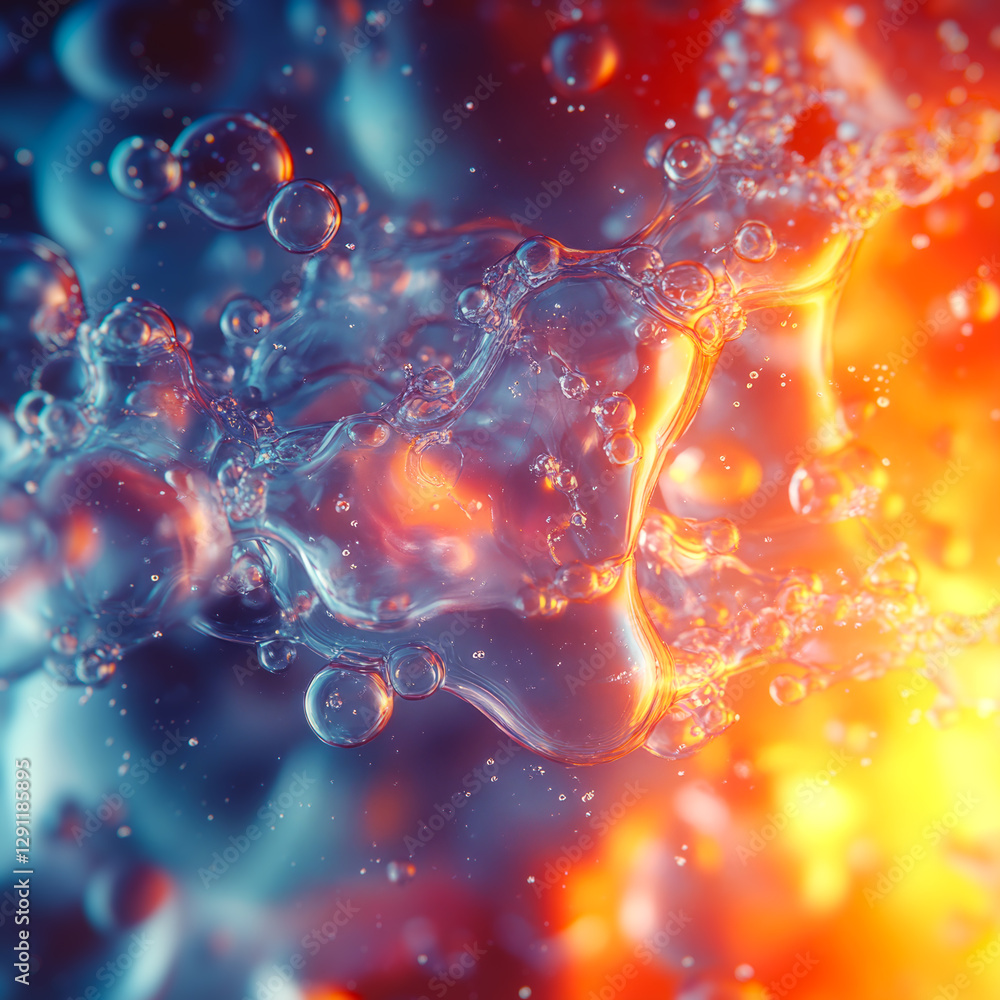 Aufkleber A dynamic composition of flowing transparent waves of blue-orange color, linked in a softly shimmering structure. Shiny bubbles create a pulsating effect