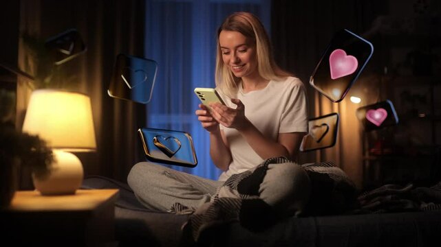 Smiling young woman sitting on a bed at night, using her smartphone. Floating digital heart icons represent social media engagement, online dating, and virtual connections in a cozy, modern setting