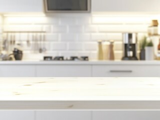 Bright white rectangular wooden table with soft lighting and blurred stylish kitchen background featuring stainless steel appliances
