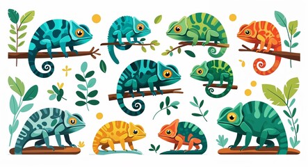 Fototapeta premium Set bundle of chameleon minimalist childish style illustration on plain white background