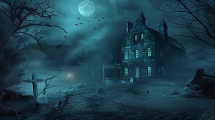 Fototapeta premium Eerie Haunted House Horror Scene Background with Spooky Atmosphere, Creepy Victorian Mansion, Ghostly Shadows, and Halloween Decoration for Dark Fantasy Design