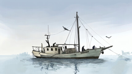 Naklejka premium A serene illustration of a fishing boat sailing on calm waters, surrounded by a soft sky and distant land, capturing the essence of maritime life