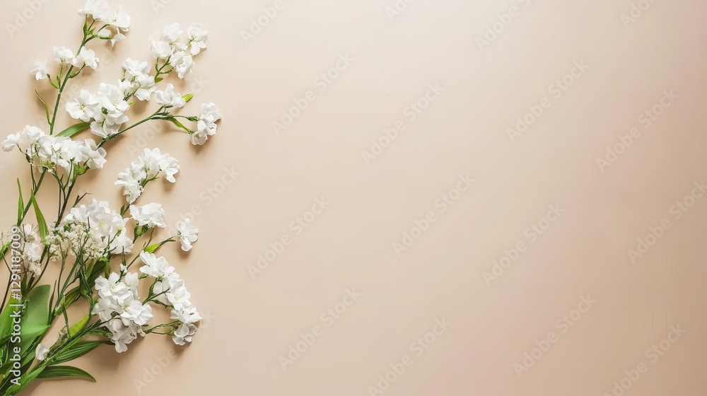 Poster a delicate arrangement of white flowers on a soft beige background, creating a serene and elegant ae