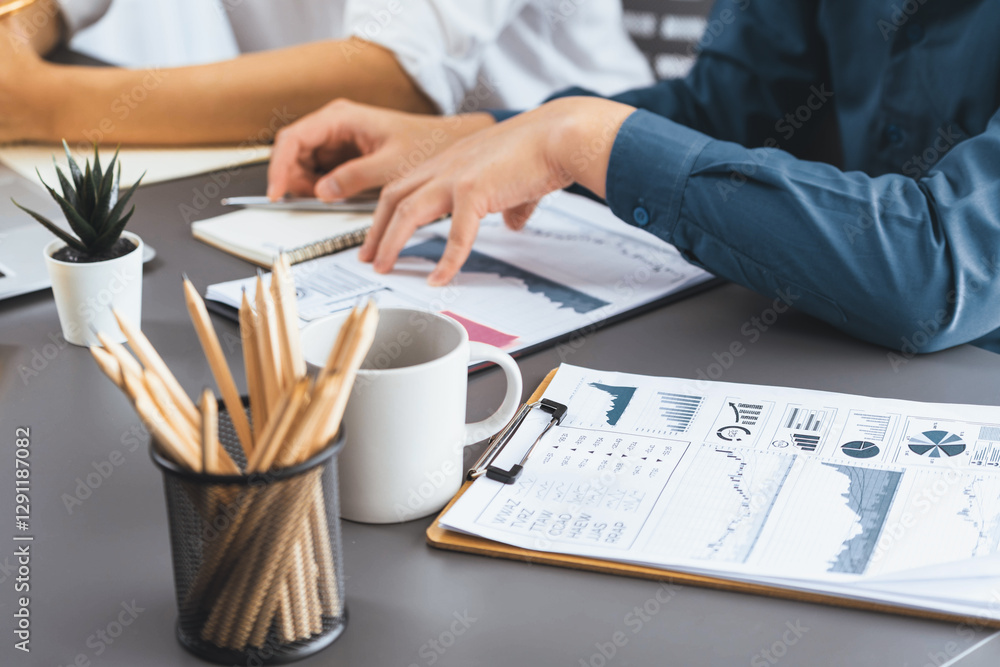 Poster Data analysts team of office worker collaborate on business intelligence BI dashboard to analyze financial, trend, and marketing data. BI software utilization drive business success. Prudent