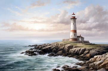 Majestic lighthouse stands on rocky shore, guiding ships through stormy sea at sunset