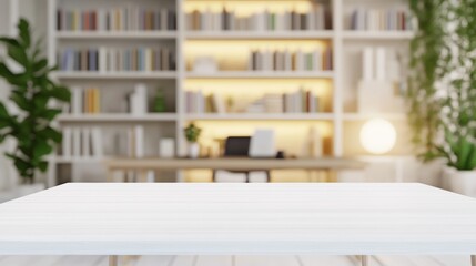 Bright white rectangular wooden table with soft lighting and blurred modern study room background featuring bookshelves and desk

