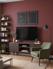 Fototapeta premium A stylish living room features a green armchair, neatly arranged plants, and framed art on a maroon wall. The television stands prominently, creating an inviting space for leisure