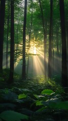 Obraz premium Sunlit Forest Scene Showing Rays Of Light Streaming Through Trees