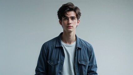 Fototapeta premium A young male animator in casual attire in a studio on a plain background