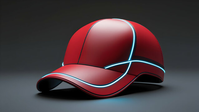 A red baseball cap with glowing blue lines, resting on a dark gray surface, blending modern design with a classic form.