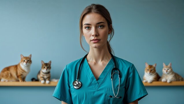 A young female veterinarian in scrubs in an animal clinic on a plain background - Powered by Adobe