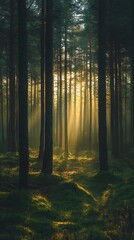 Fototapeta premium Sunlight illuminates a tall forest of evergreen trees beautifully