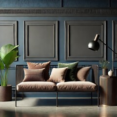 A cozy space features a modern sofa adorned with plush cushions, complemented by striking wall decor and a chic lamp. Lush plants add freshness, enhancing the inviting atmosphere